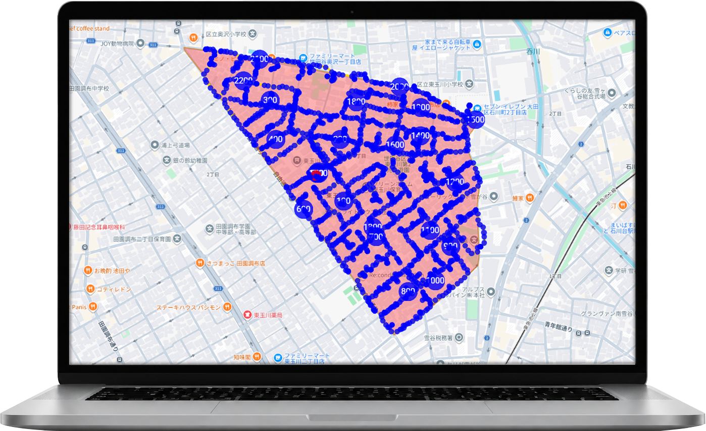 配布ルートの軌跡を見える化するポスティングGPS管理システムのデモ画面イメージ