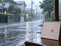 大雨の住宅街とカレンダーで配布延期を表したイメージ