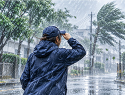 強い雨と風の中で帽子を押さえる配布スタッフ