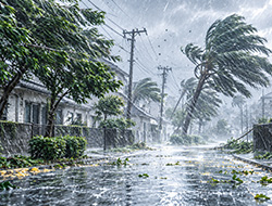 台風のような激しい風雨で街路樹が揺れる住宅街