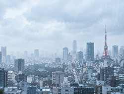雨雲に覆われた東京都心と東京タワーの風景