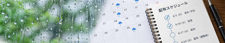 雨の日が続くカレンダーと配布予定の変更を表すスケジュール