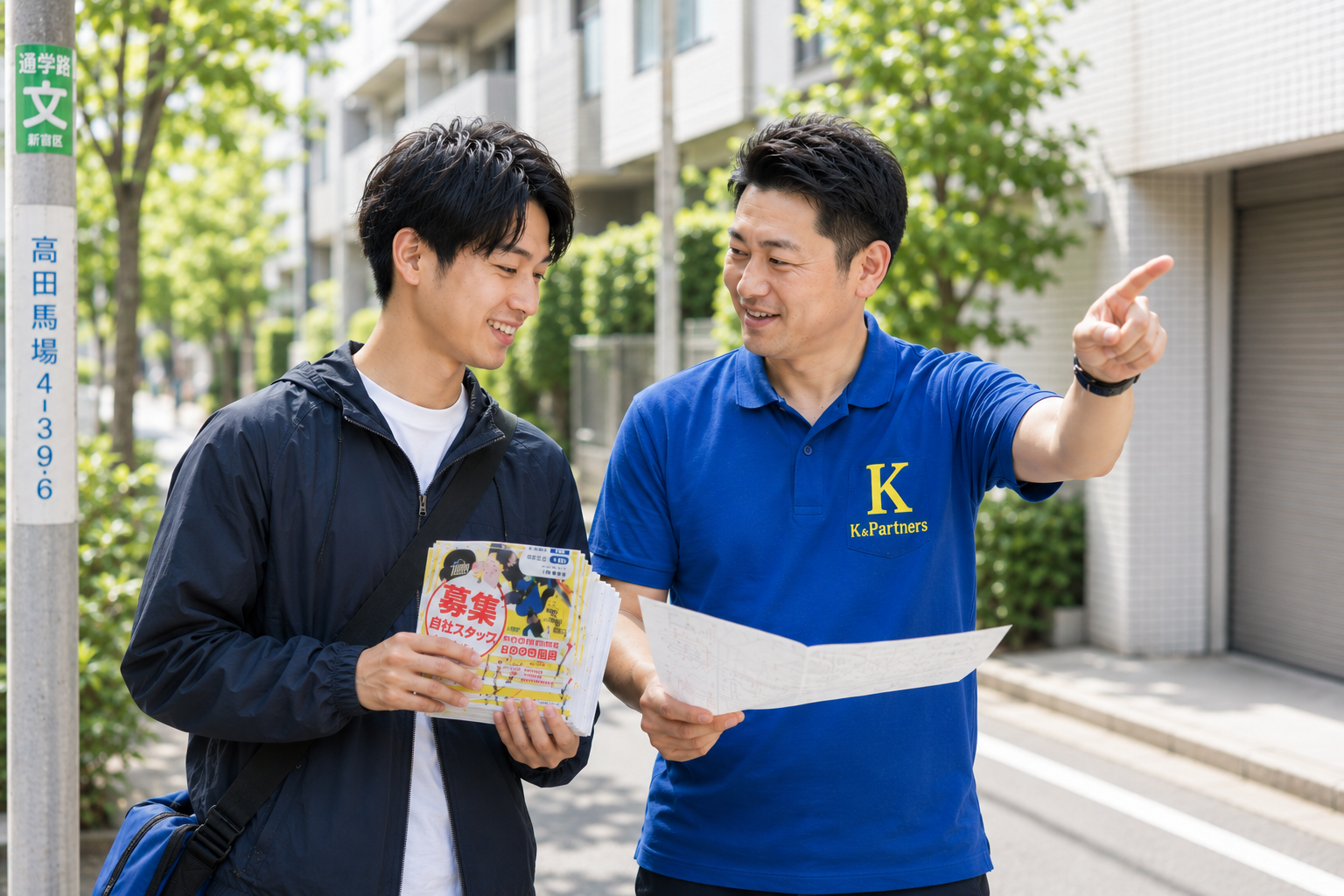 現場で配布地図を確認しながら注意事項を共有するスタッフ