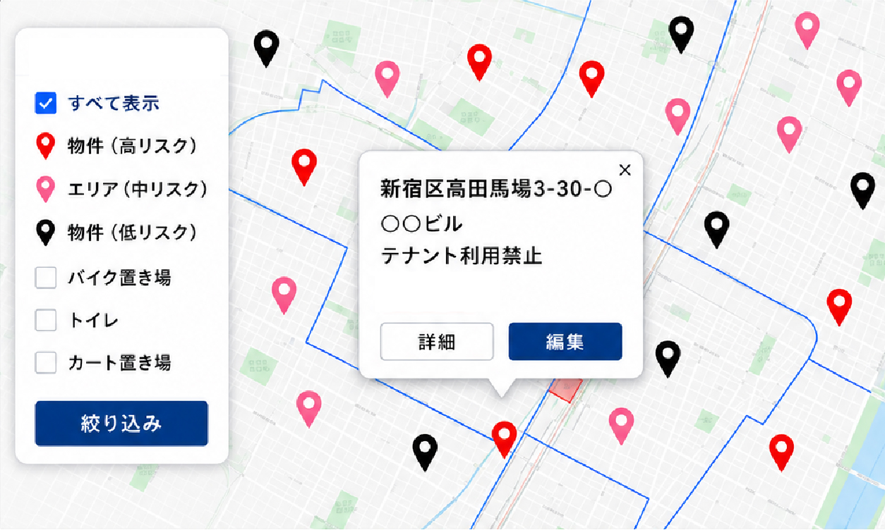 地図上で禁止物件の位置を確認する管理画面