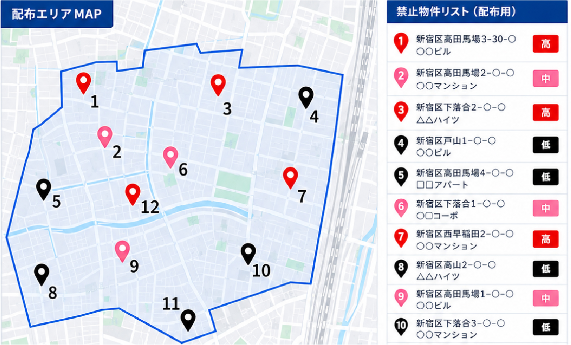 禁止物件の位置と一覧を反映したスタッフ向け配布地図