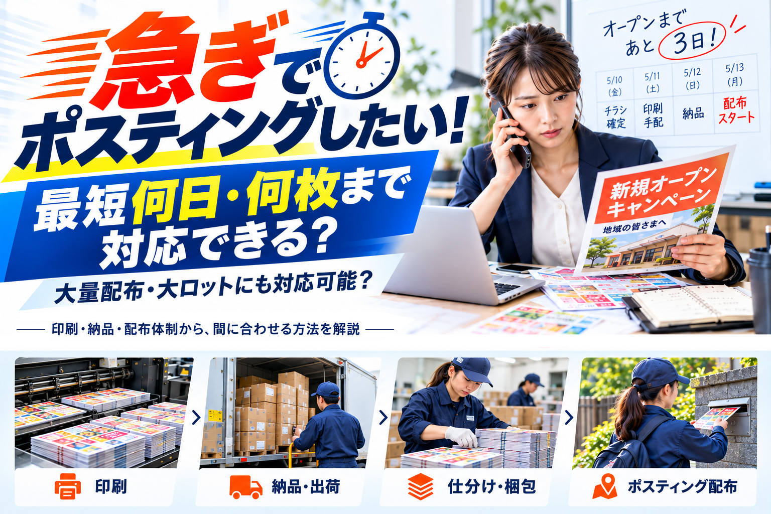 急ぎでポスティングしたい！最短何日・何枚まで対応できる？大量配布・大ロットにも対応可能？