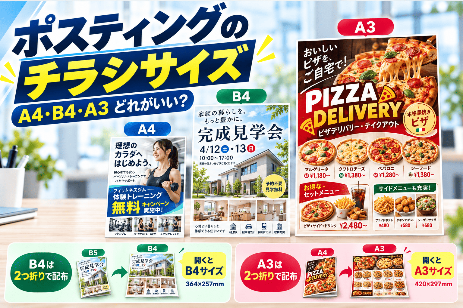 ポスティングのチラシサイズはどれがいい？A4・B4・A3の違いと業種別の選び方