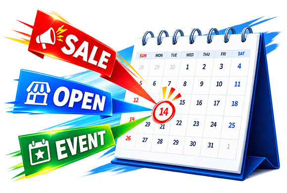 SALE・OPEN・EVENTなど集客したい日に合わせて集中配布するイメージ