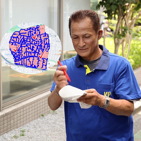 現場責任者が確認した投函状況を地図上で確認する画面