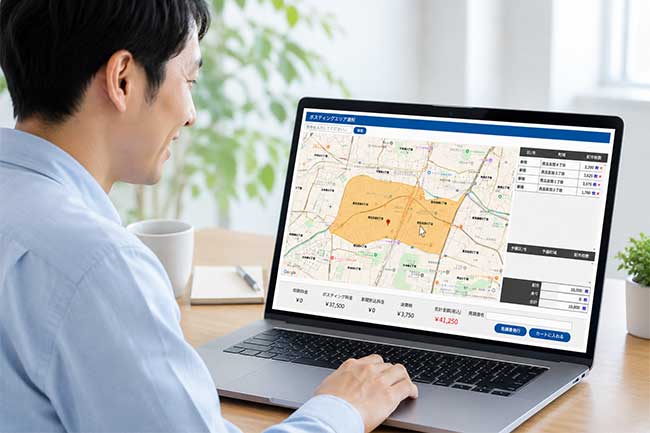日本地図からポスティングの配布エリアを選択し、料金を確認できるオンライン見積画面