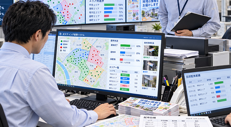 複数の担当者がパソコンや管理画面を使って配布進捗を確認しているイメージ