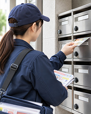 女性スタッフが現地で郵便受けへの投函状況を確認するイメージ