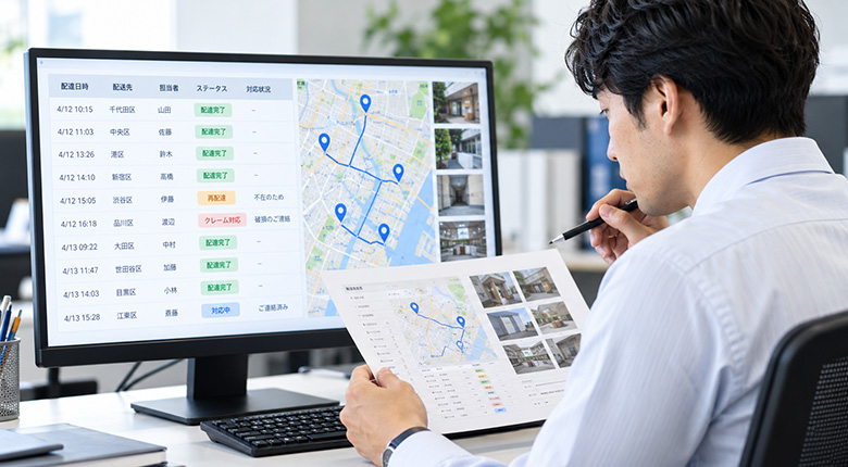 配布履歴やGPS情報を確認しながらトラブル対応を行う担当者