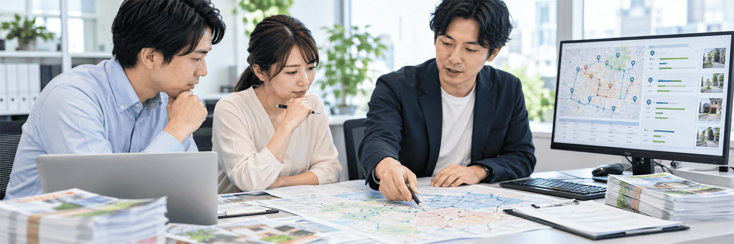 配布エリアの地図や管理画面を確認しながらポスティングの配布方法について説明を受ける様子