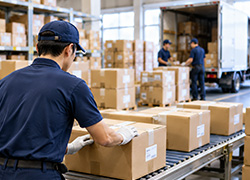 倉庫で荷物を受け入れ、仕分けや配送準備を行うイメージ