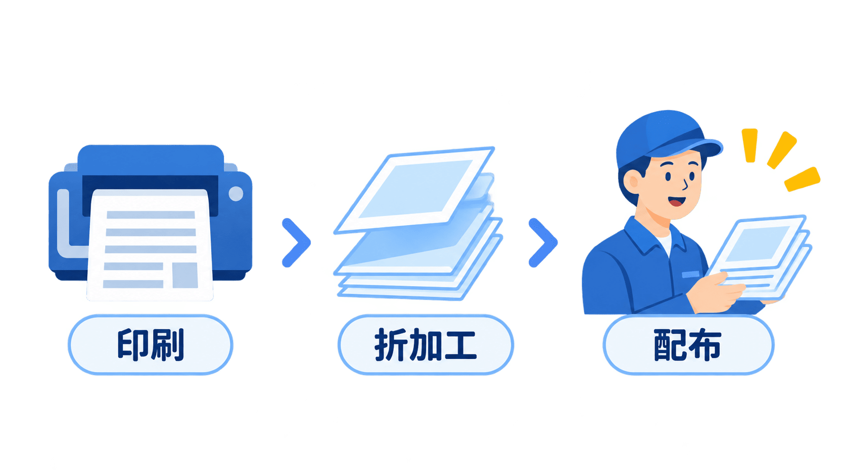 印刷・折加工・配布をまとめて進めるイメージ