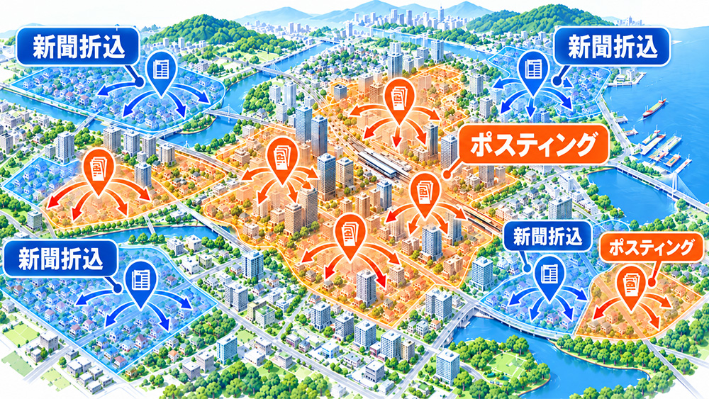 新聞折込とポスティングを組み合わせた配布イメージ