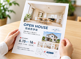 A4サイズの完成見学会チラシを手に持っている様子
