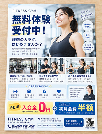 A4サイズの架空のフィットネスジム無料体験チラシ。施設写真やサービス内容を掲載した広告例